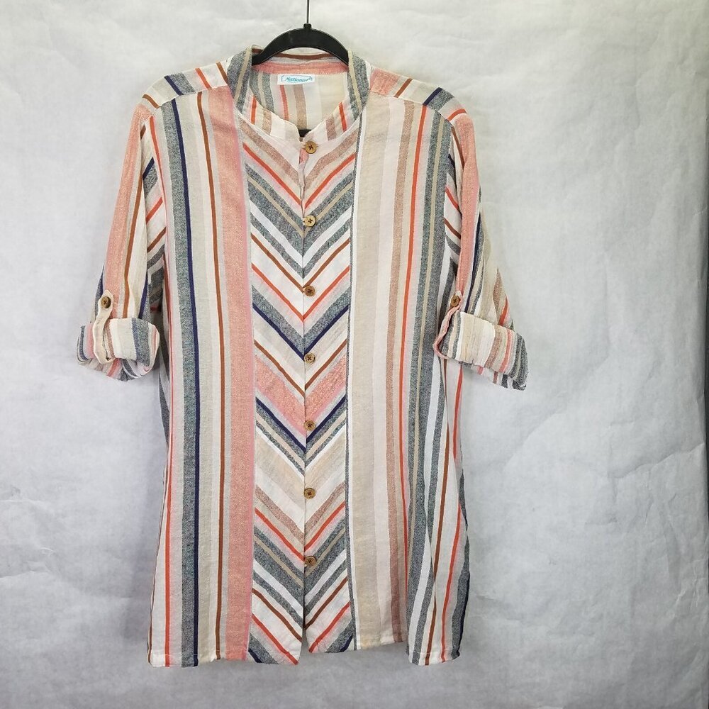 National Linen Tunic L Button Up Camp Shirt Chevron Mandarin Collar Wood Button